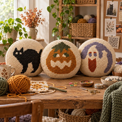 Halloween Crochet Pillow Pattern Set – Cat, Pumpkin & Ghost