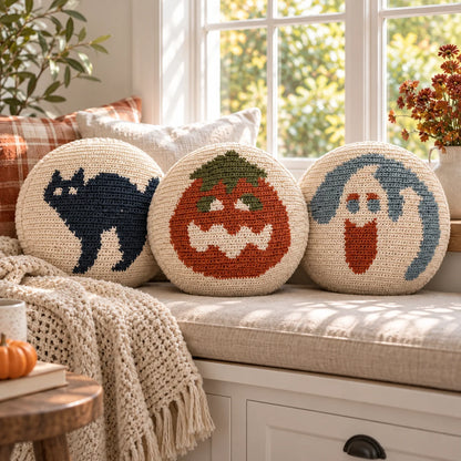 Halloween Crochet Pillow Pattern Set – Cat, Pumpkin & Ghost
