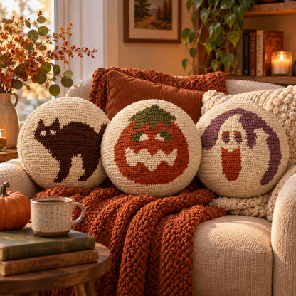 Halloween Crochet Pillow Pattern Set – Cat, Pumpkin & Ghost