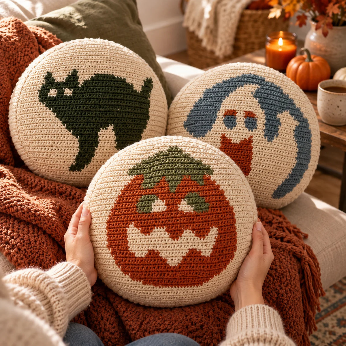 Halloween Crochet Pillow Pattern Set – Cat, Pumpkin & Ghost